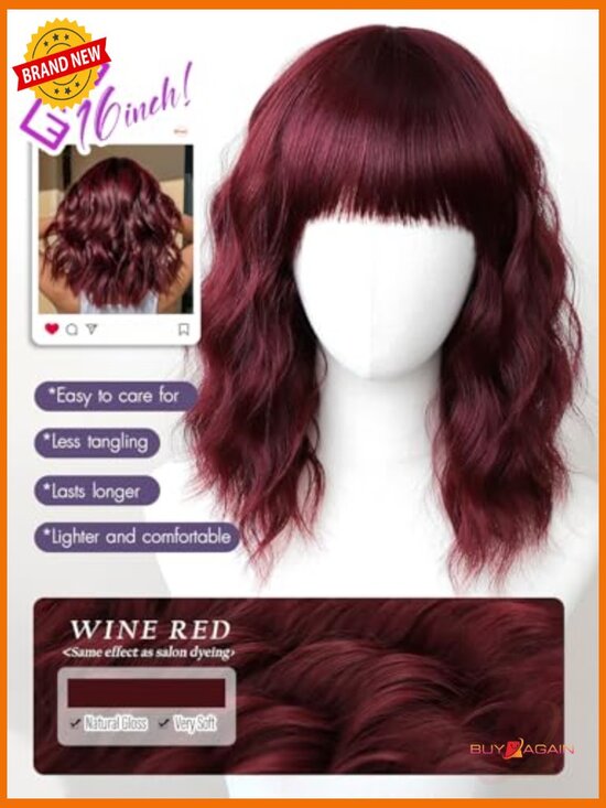 Short Wavy Curly Human Hair Wig with Bangs - Shoulder Length Heat Resistant